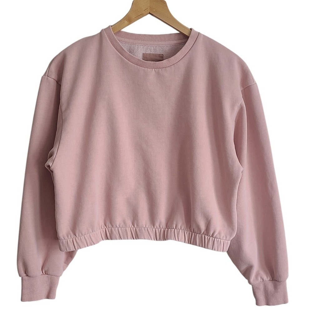 Harlow Womens Pink Cropped Elastic Hem Fleece‎ Pullover Sweatshirt Size Large